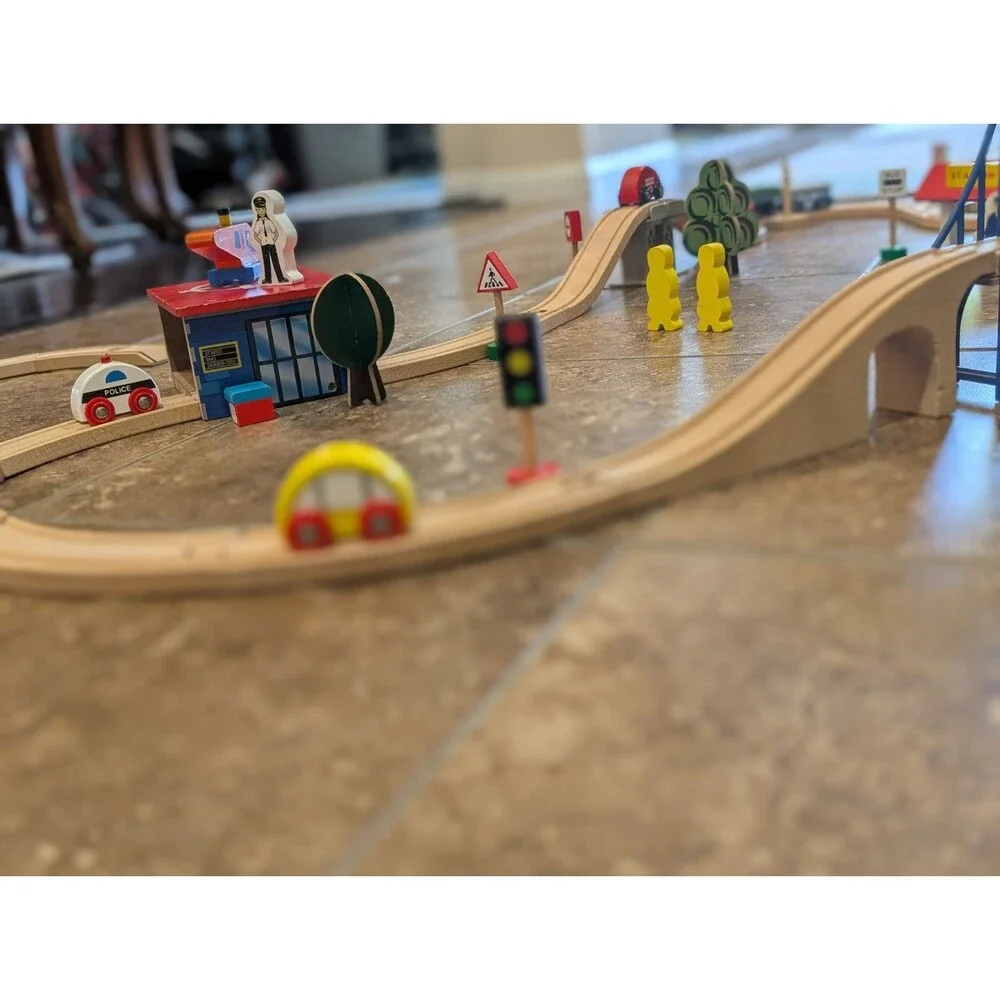 Large Wooden Train Track Set Bridge Station House Signs Accessories 50+ Pieces